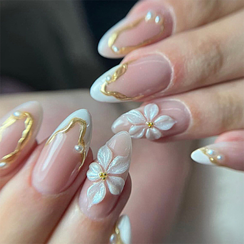 Pressed Flower Art - ชุดเล็บปลอมแบบกดติด 24 ชิ้น ลายดอกไม้ทรงอัลมอนด์ยาว แบบนำกลับมาใช้ใหม่ได้ ลายเส้นสีทอง