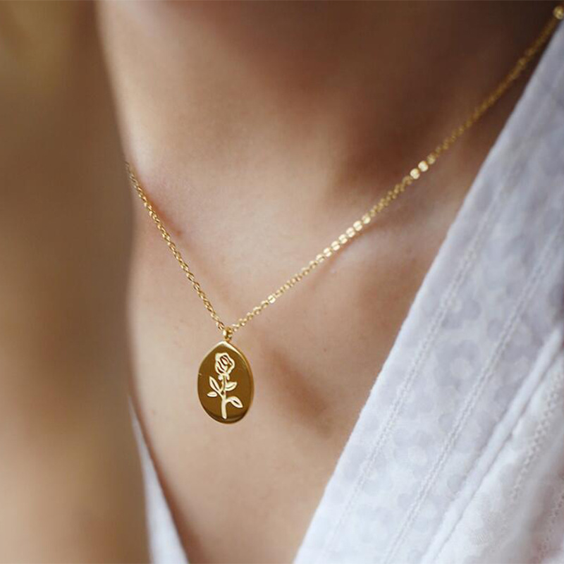 Birth Flower Necklace - สร้อยคอสแตนเลสหญิง Rose ดอกไม้ Tattoo Choker จี้