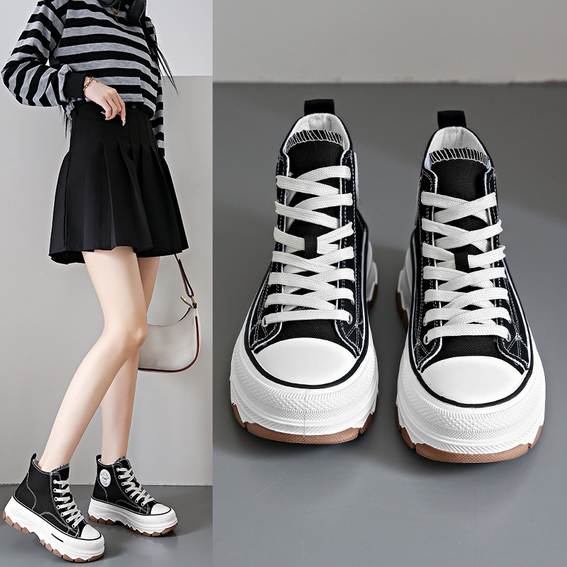 Vans Shoes Old Skool - รองเท้าผ้าใบหุ้มข้อแบบผูกเชือกสำหรับผู้หญิง, ใหม่2024รองเท้าผ้าใบทรงสูงผ้าใบกันลื่นทนต่อการสึกหรอรองเท้าวัลคาไนซ์สำหรับผู้หญิงในฤดูใบไม้ผลิ