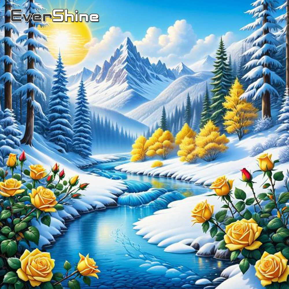 Photo Mosaic Print - Evershine Riverเพชรภาพวาดมาใหม่โมเสคดอกไม้RhinestonesภาพMountainเย็บปักถักร้อยฤดูหนาวWall Art