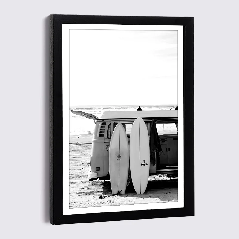 Engraved Wood Frame - A4 13x18 ซม.6x8 กรอบรูปสีดํา Nordic โปสเตอร์ภาพวาดผ้าใบชายหาดทะเลใบปาล์มเรือม้ากรอบรูปโปสเตอร์กรอบ