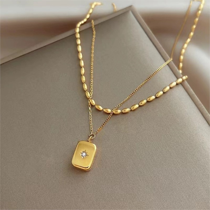 Birth Flower Necklace - ANENJERY 316L สแตนเลส Double Layer Square