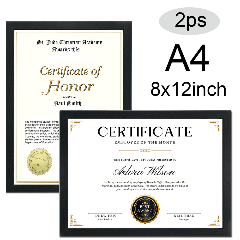 Engraved Wood Frame - กรอบรูปไม้สีดำขนาด 8x12 นิ้ว (21x29.7 ซม.) สำหรับใส่ใบประกาศนียบัตรหรือรูปภาพ