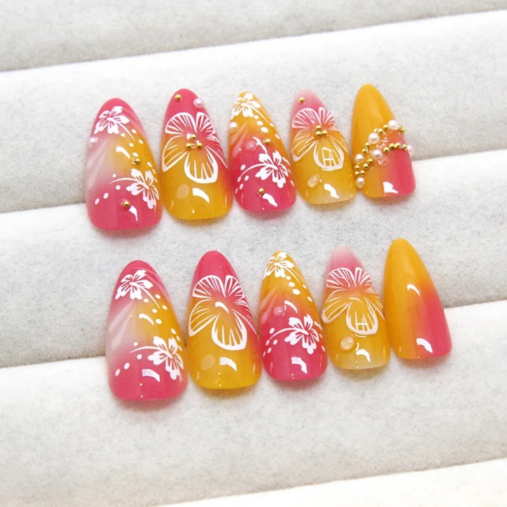 เล็บปลอมสีชมพูไล่เฉดแบบอัลมอนด - Pressed Flower Art บทวิจารณ์และราคา