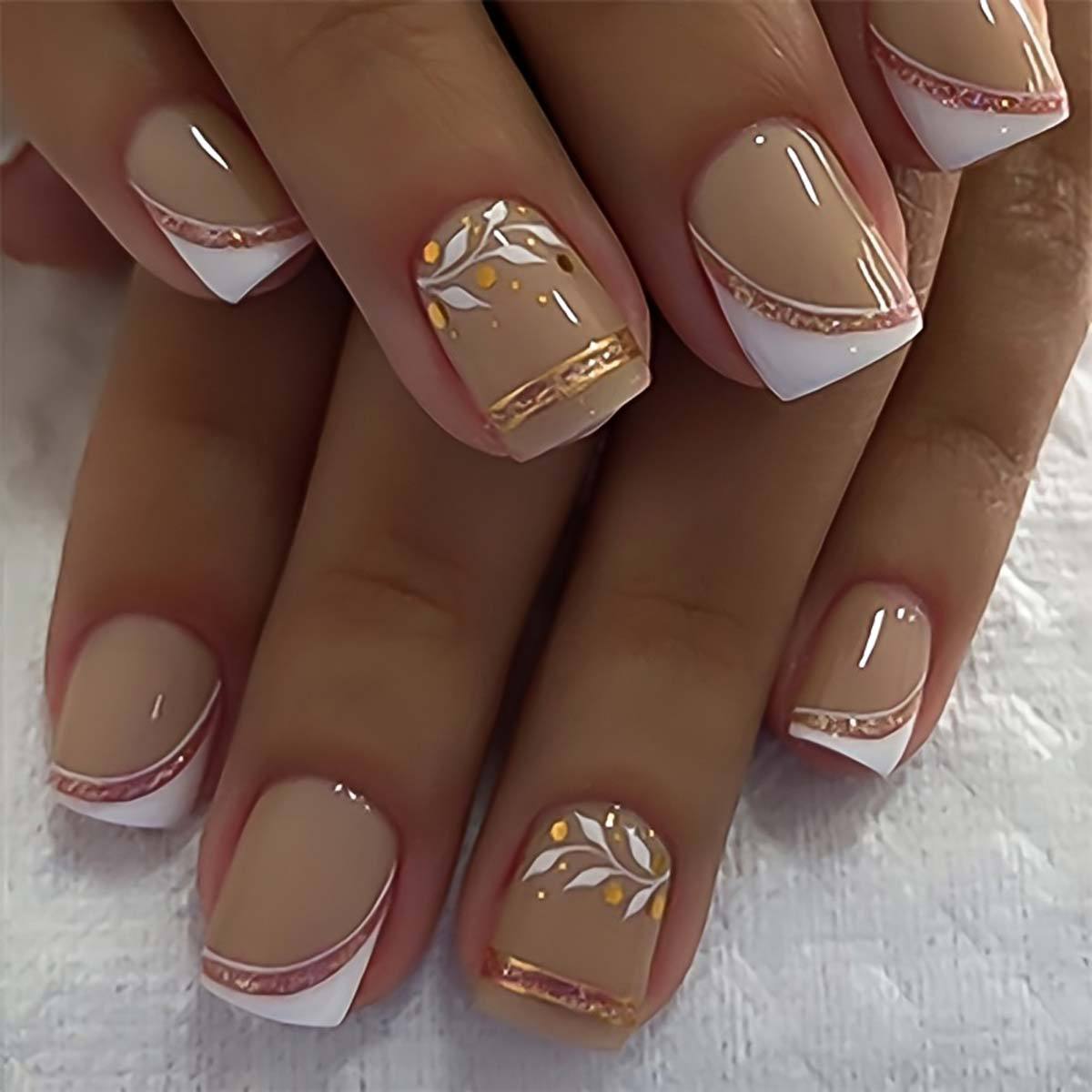 เล็บปลอมทรงสี่เหลี่ยมสั้น สีทอ - Pressed Flower Art บทวิจารณ์และราคา